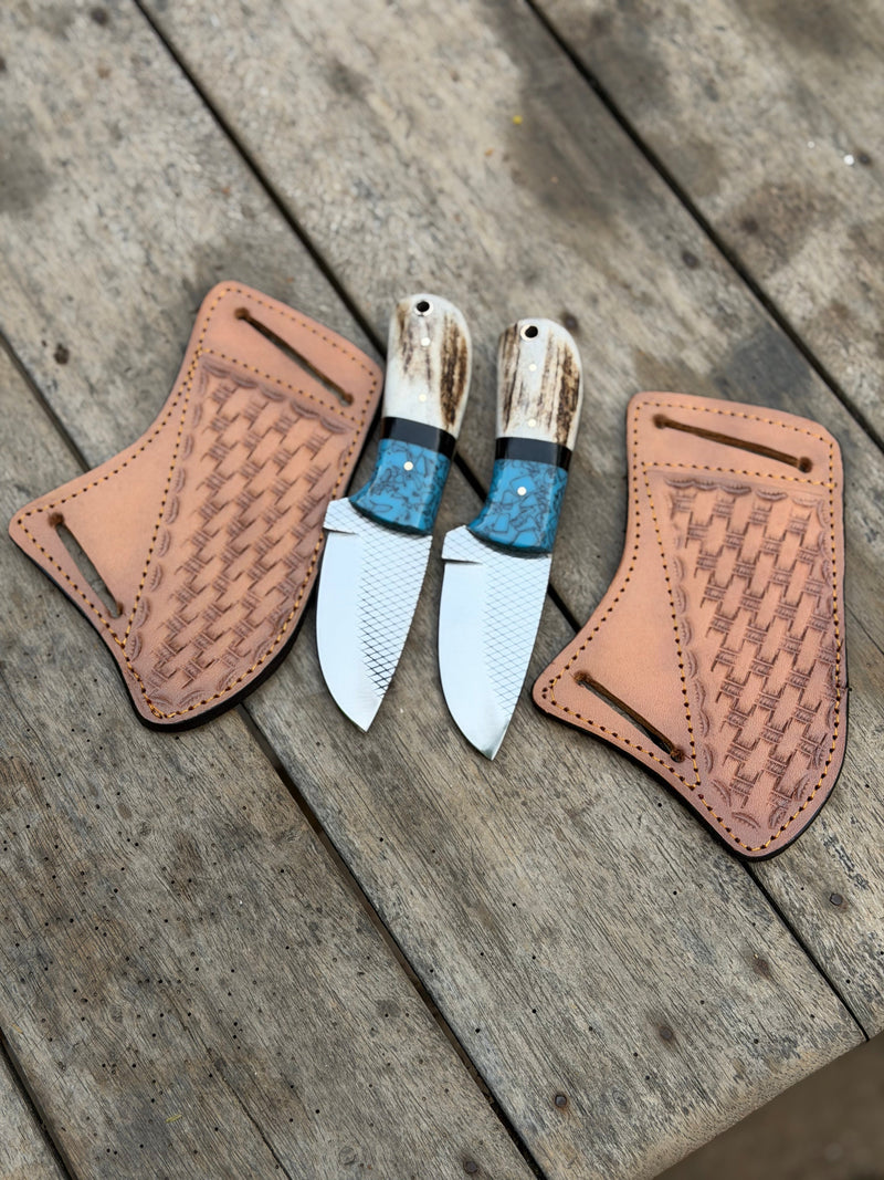 Load image into Gallery viewer, Handmade Turquoise Antler Skinner Duo set of 2 with natural stag antler handles
