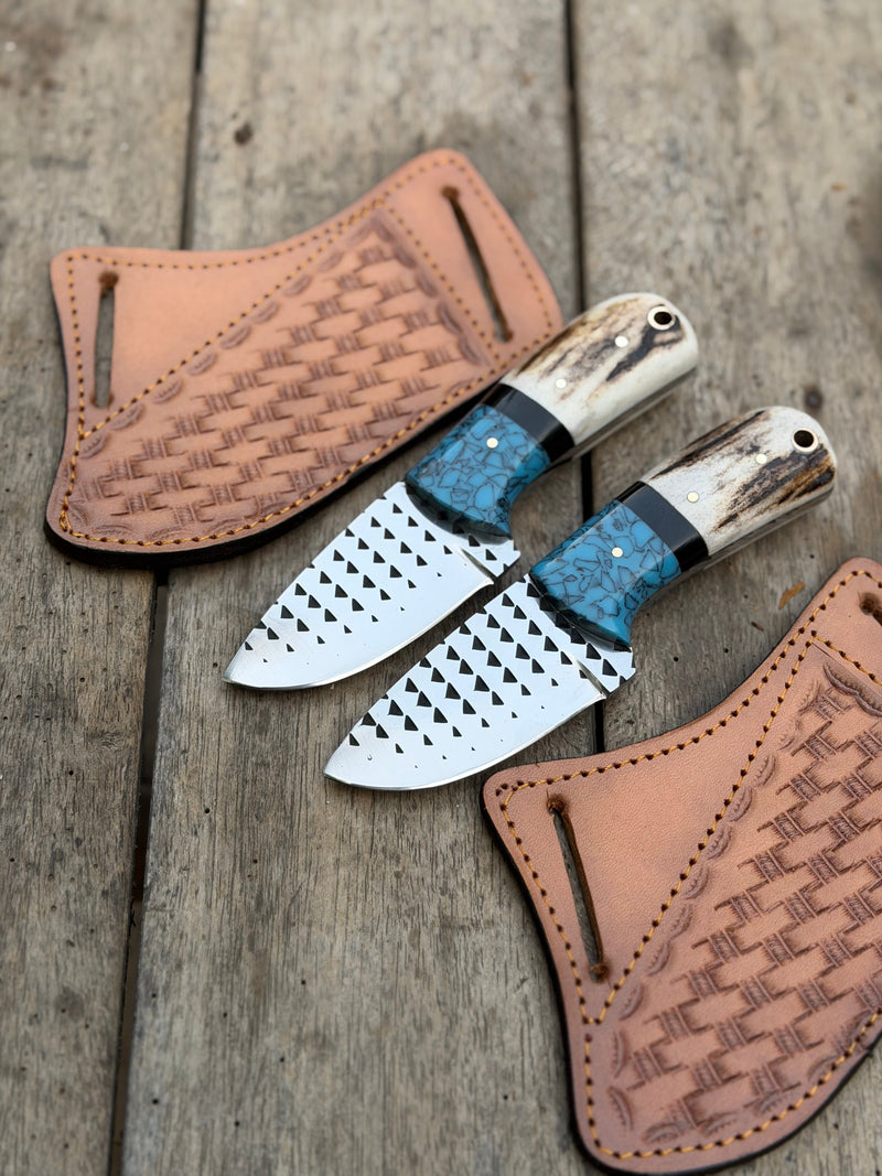 Load image into Gallery viewer, Handmade Turquoise Antler Skinner Duo set of 2 with natural stag antler handles
