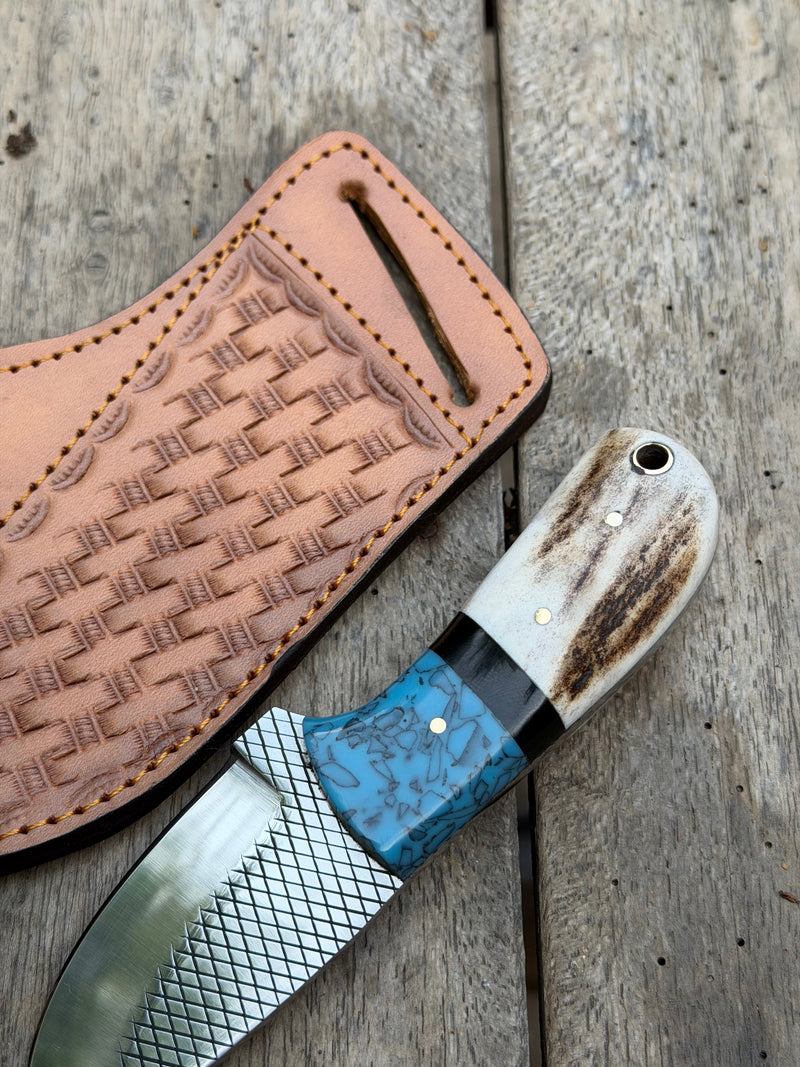 Load image into Gallery viewer, Handmade Turquoise Antler Skinner Duo set of 2 with natural stag antler handles
