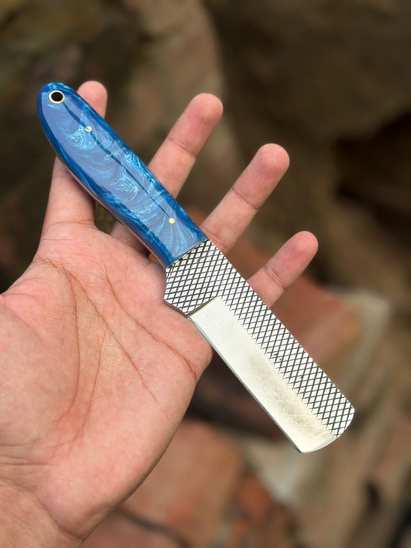 Load image into Gallery viewer, Handmade Farrier Bull Rasp Knife 8" with blue and white swirl resin handle
