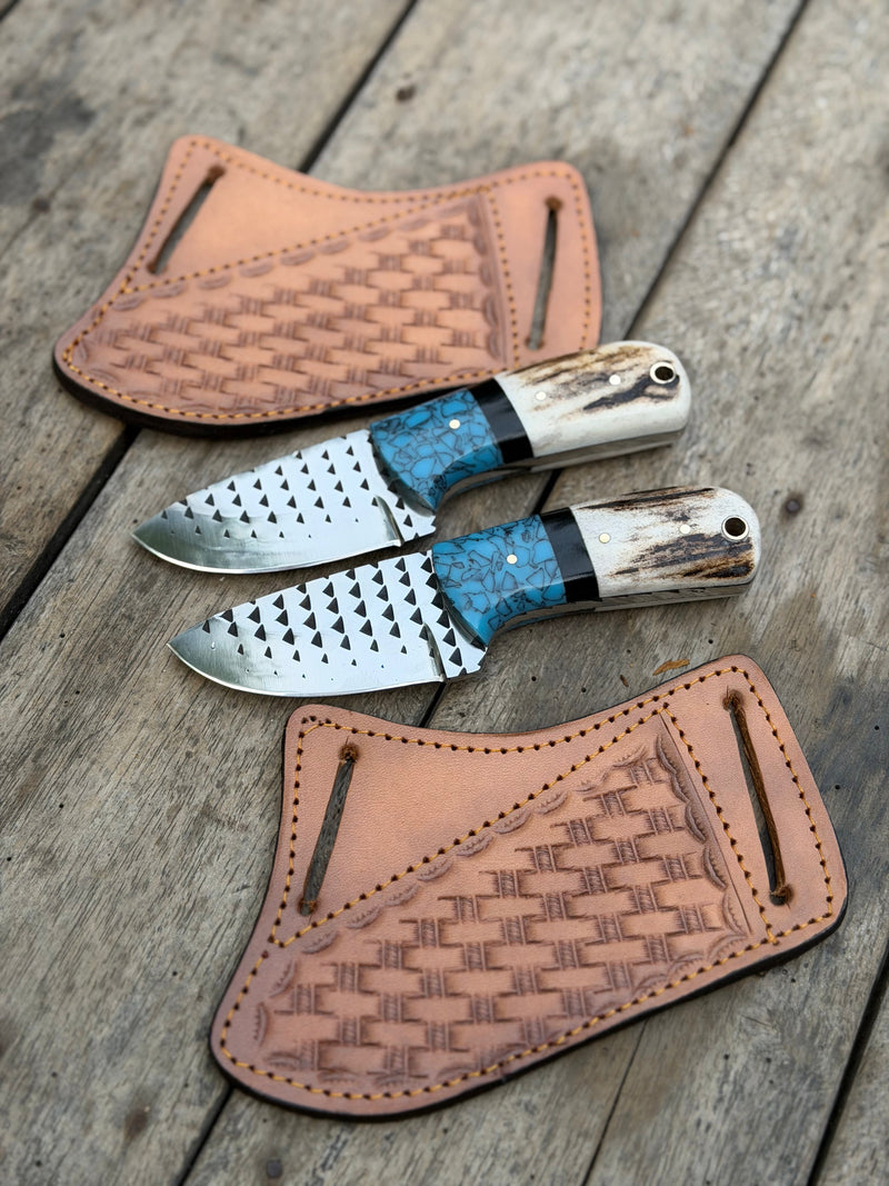 Load image into Gallery viewer, Handmade Turquoise Antler Skinner Duo set of 2 with natural stag antler handles
