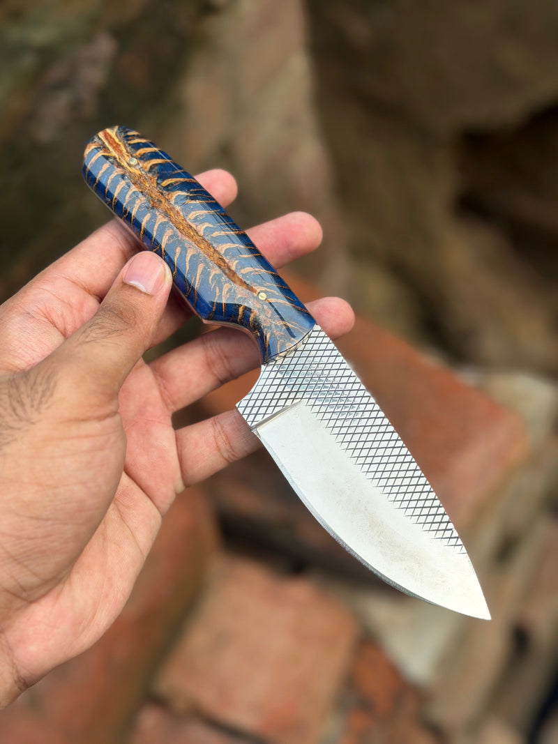 Load image into Gallery viewer, Handmade Blue Rustler Cowboy Knife 9" with blue and brown swirl resin handle
