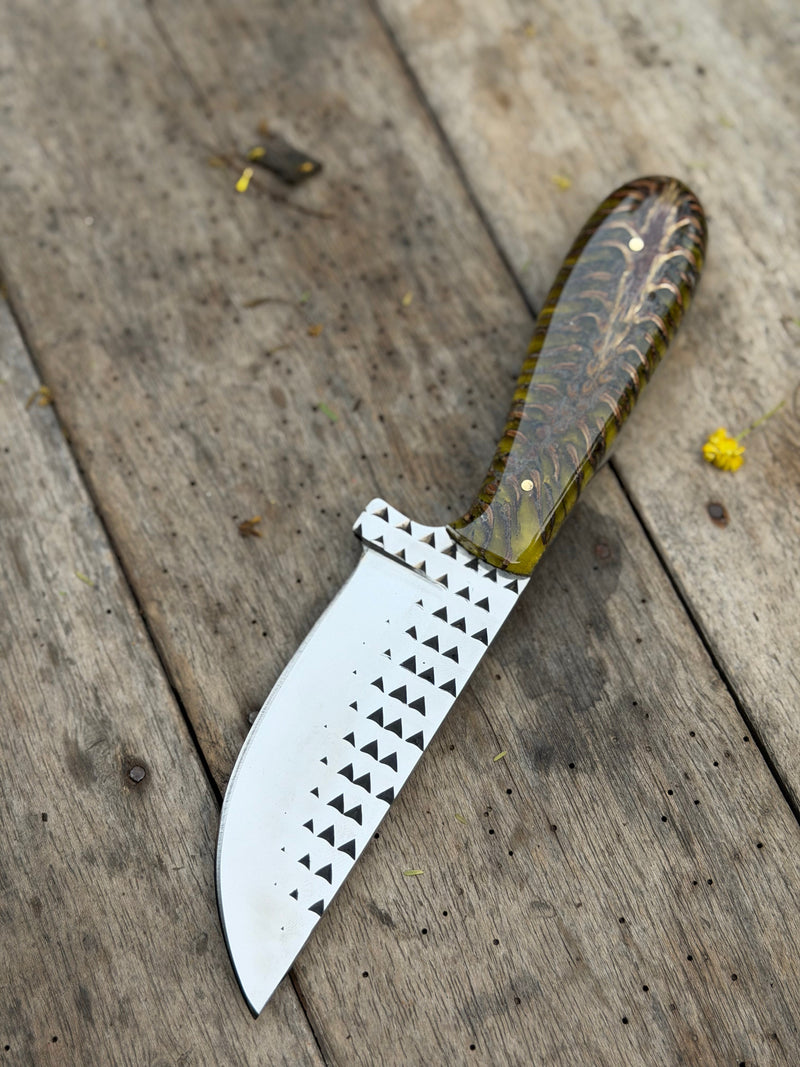 Load image into Gallery viewer, Handmade Amber Wave Skinner Knife 8" with carved amber and resin handle
