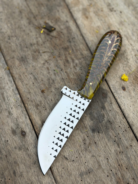 Handmade Amber Wave Skinner Knife 8" with carved amber and resin handle