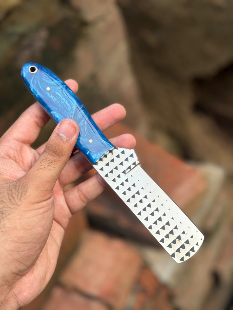 Load image into Gallery viewer, Handmade Farrier Bull Rasp Knife 8" with blue and white swirl resin handle
