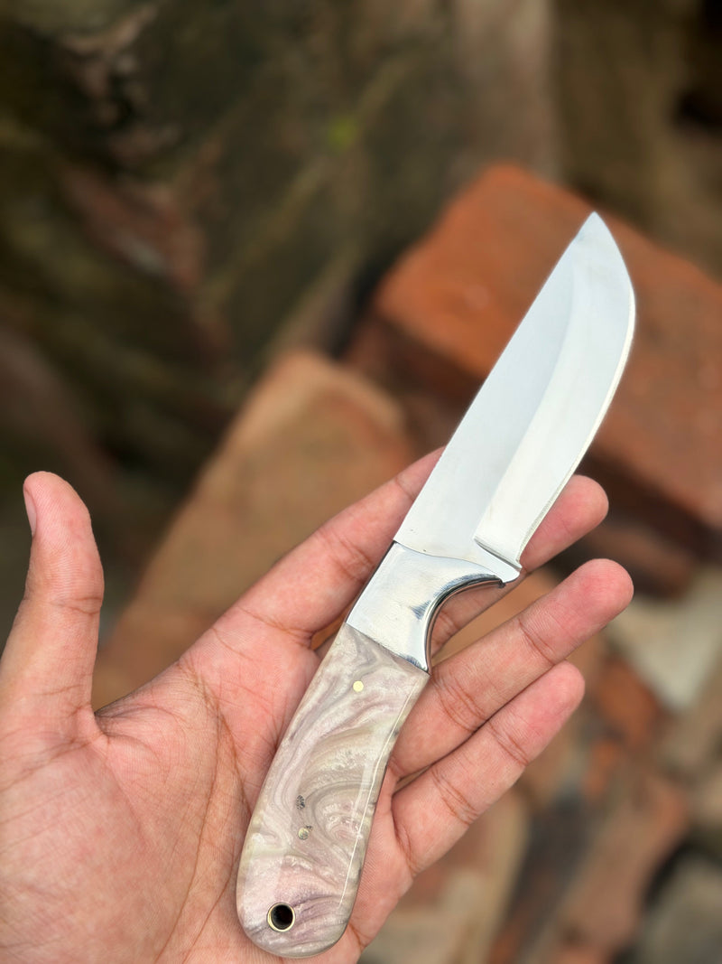 Load image into Gallery viewer, Handmade Pearl Ash Skinning Knife 9" with pearl white and grey marble resin handle

