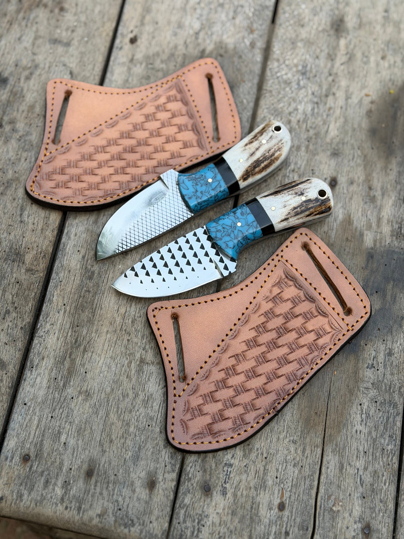 Load image into Gallery viewer, Handmade Turquoise Antler Skinner Duo set of 2 with natural stag antler handles
