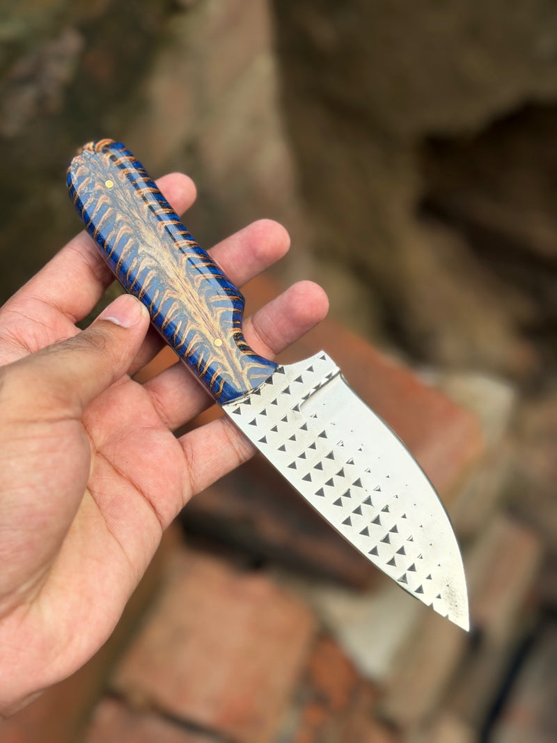 Load image into Gallery viewer, Handmade Blue Rustler Cowboy Knife 9" with blue and brown swirl resin handle
