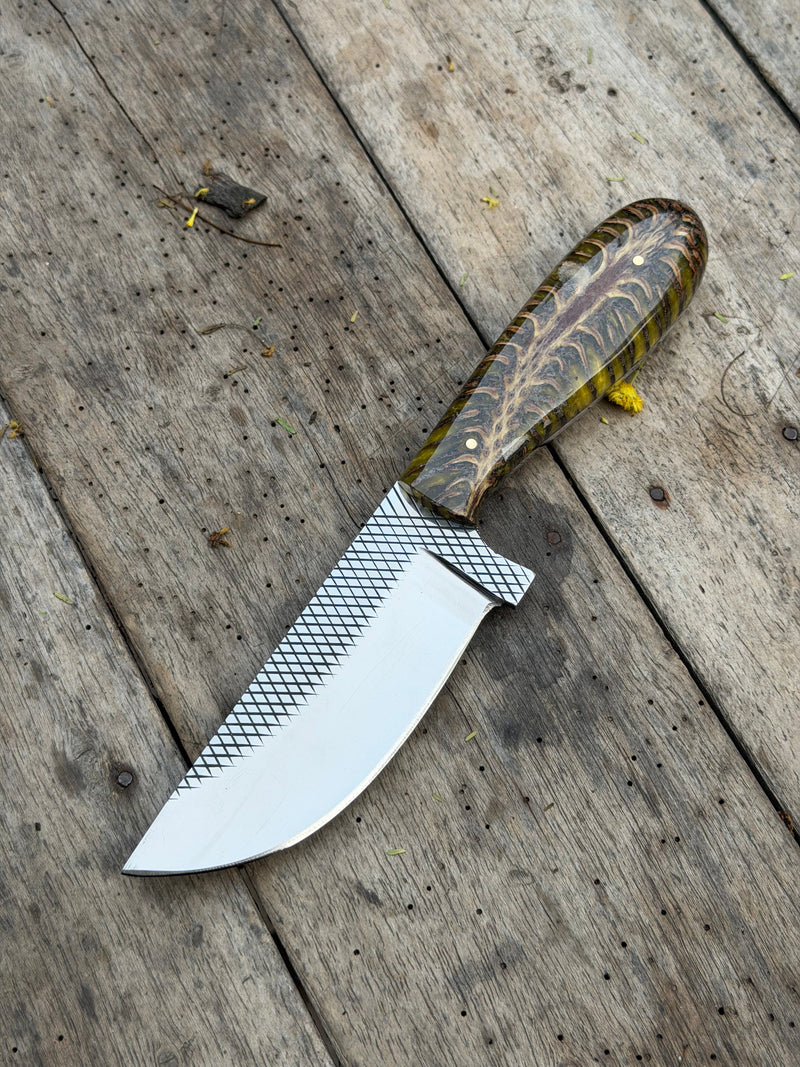 Load image into Gallery viewer, Handmade Amber Wave Skinner Knife 8" with carved amber and resin handle
