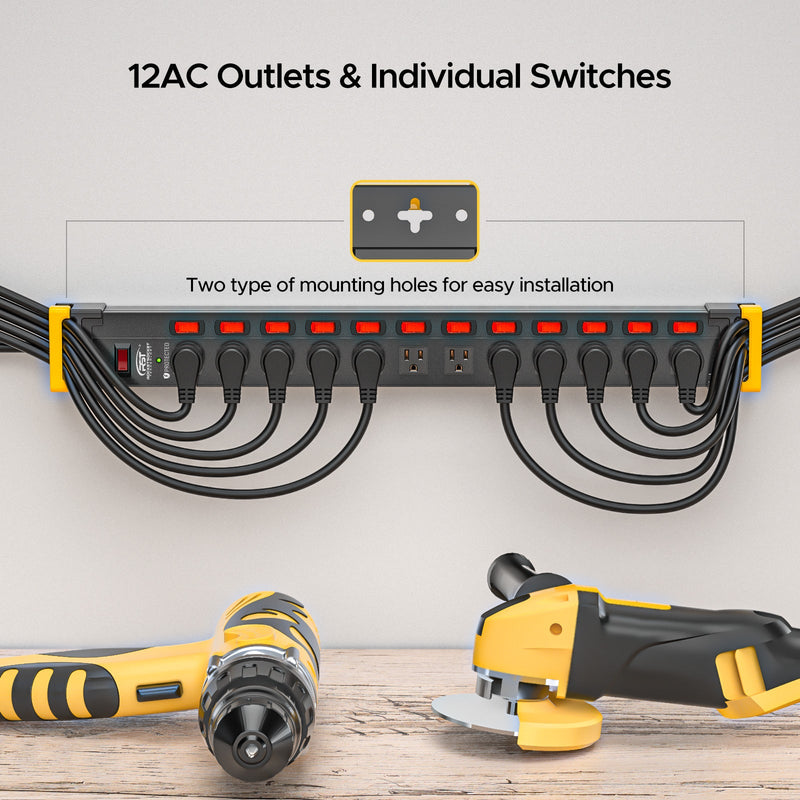 Load image into Gallery viewer, 12-Outlet Heavy Duty Power Strip with Individual Switches – 1020J Surge Protector, 9FT Cord, Wall Mountable
