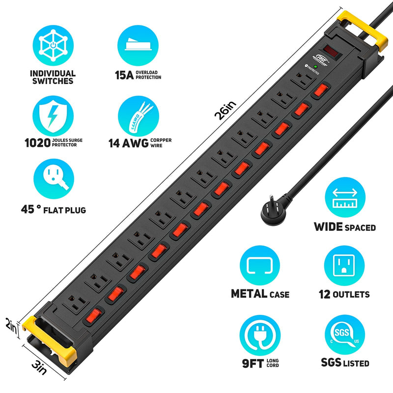 Load image into Gallery viewer, 12-Outlet Heavy Duty Power Strip with Individual Switches – 1020J Surge Protector, 9FT Cord, Wall Mountable
