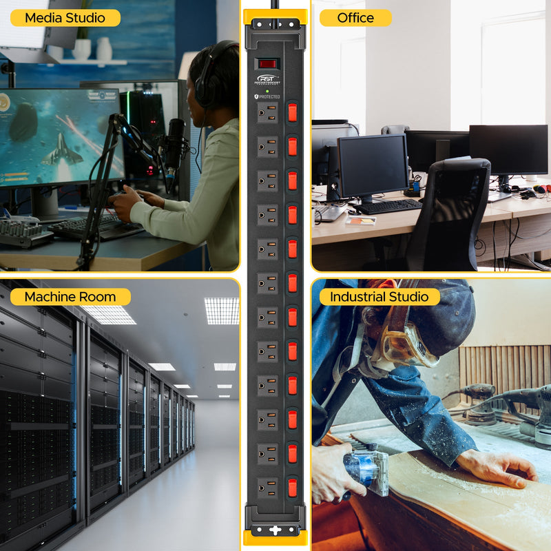 Load image into Gallery viewer, 12-Outlet Heavy Duty Power Strip with Individual Switches – 1020J Surge Protector, 9FT Cord, Wall Mountable
