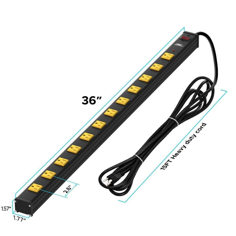 Load image into Gallery viewer, CRST 12-Outlet Metal Power Strip Surge Protector — 1800J, 2.6" Wide Outlets, Mountable
