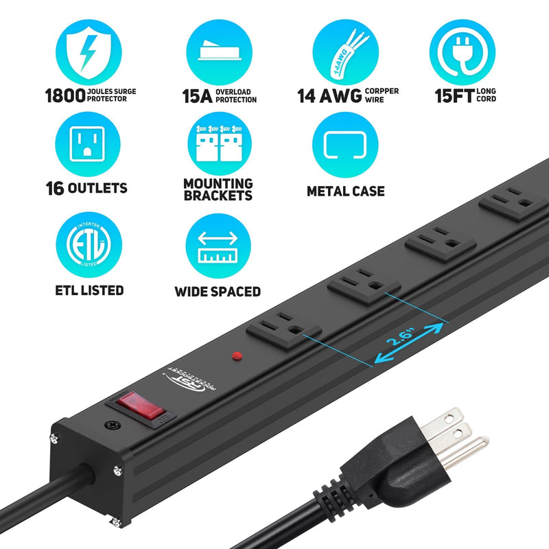 Load image into Gallery viewer, 16-Outlet Metal Power Strip Surge Protector, 1800 Joules, 2.6" Ultra-Wide Spaced, 15ft
