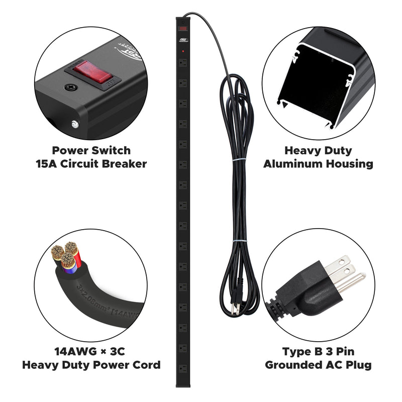 Load image into Gallery viewer, 16-Outlet Metal Power Strip Surge Protector, 1800 Joules, 2.6" Ultra-Wide Spaced, 15ft
