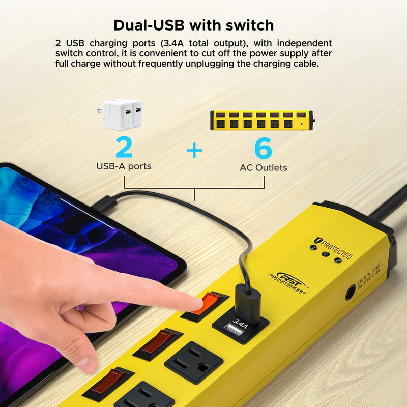 Load image into Gallery viewer, CRST 6-Outlet + 2 USB Metal Power Strip with Individual Switches, 1200J Surge Protector, Versatile Mounting
