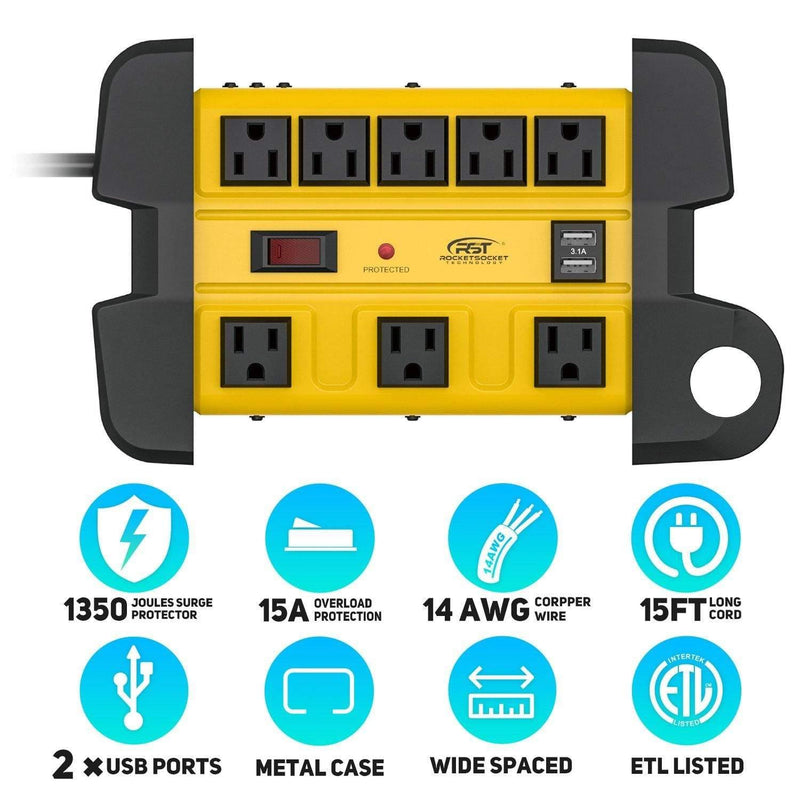 Load image into Gallery viewer, Wide Spaced 8-Outlet Heavy Duty Metal Power Strip Surge Protector, 1350 Joules Protection, Dual USB Ports
