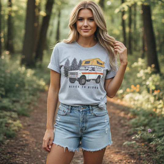 Women's Overland Camping T, Heather Orange or Grey