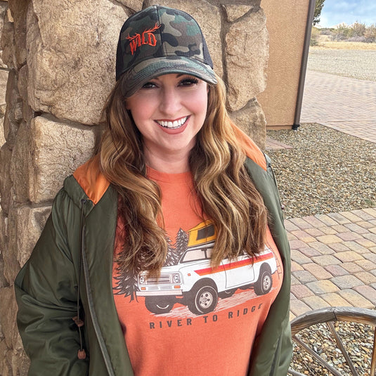 Women's Overland Camping T, Heather Orange or Grey