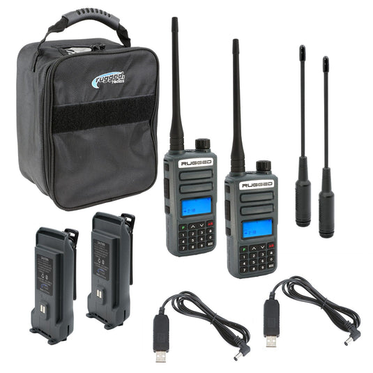 Rugged Radios ADVENTURE PACK - 2 PACK - GMR2 PLUS GMRS and FRS Two Way Handheld Radios with XL Batteries and Long Range Antennas - Grey