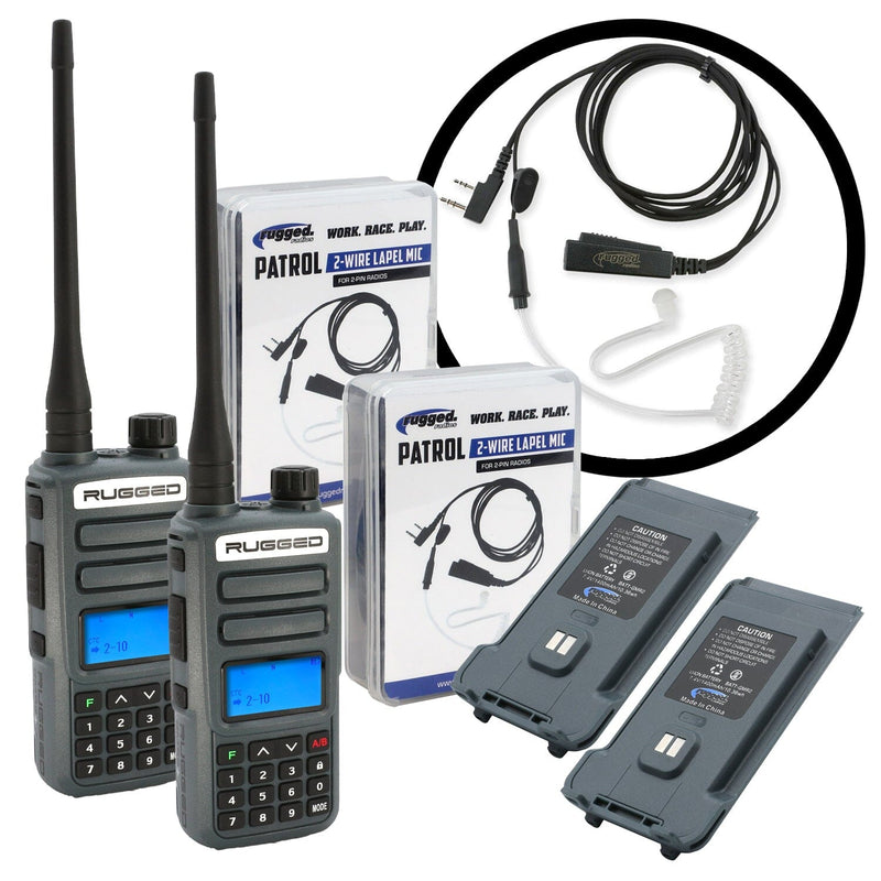 Load image into Gallery viewer, Rugged Radios GREAT OUTDOORS PACK - GMR2 PLUS GMRS and FRS Two Way Handheld Radios with Lapel Mics and XL Batteries
