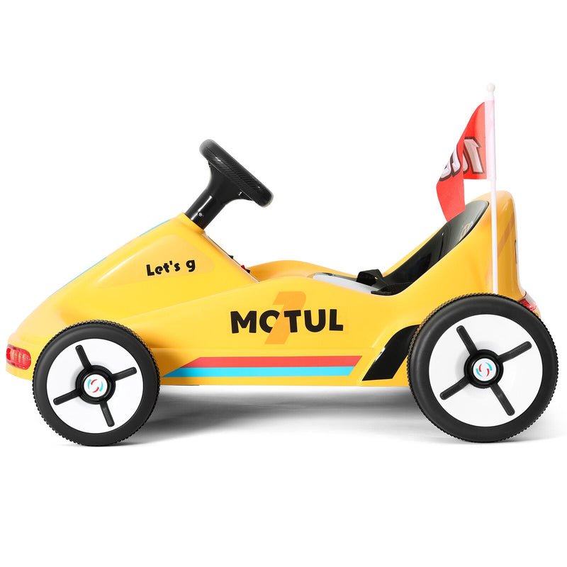 Load image into Gallery viewer, Yellow 12V Battery-Powered Kids Electric Ride-On Go-Kart with 3 Speeds, Music, and Remote Control
