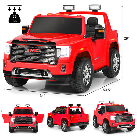 Licensed GMC 2-Seater Kids Ride On Truck with RC Control and Storage Box - Red