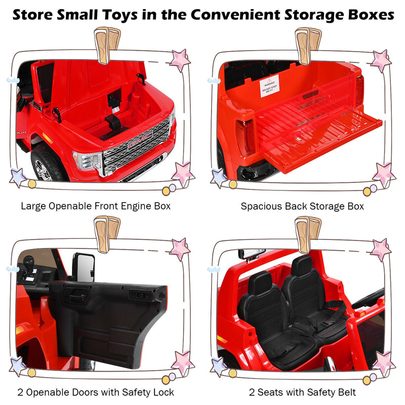 Load image into Gallery viewer, Licensed GMC 2-Seater Kids Ride On Truck with RC Control and Storage Box - Red
