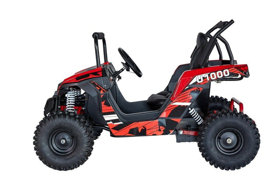 Red 48V 1000W UTV Children's Electric Three-Speed Single-Seat Brushless Roll Cage in a Vibrant Shade