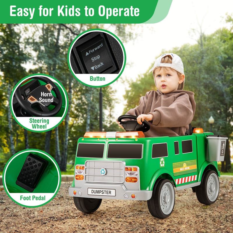 Load image into Gallery viewer, Remote Control Ride-On Garbage Truck with Trash Bin, Shovel, Lights, and Sound Effects
