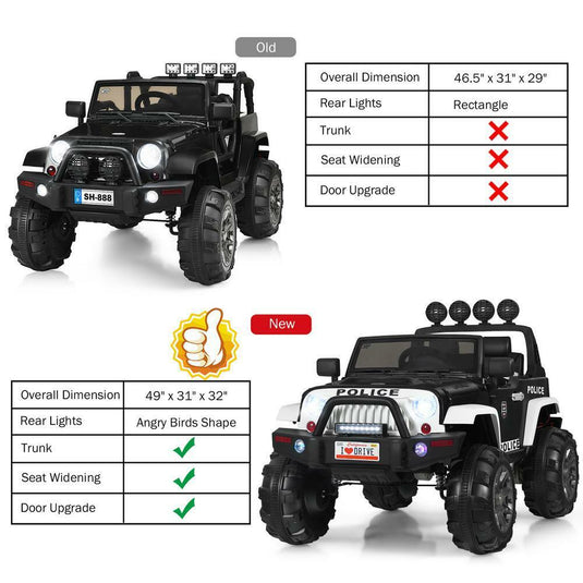 12 Volt Electric Kids Ride-On Police Truck Car with MP3 Player, Bluetooth Connectivity, and Remote Control - Black