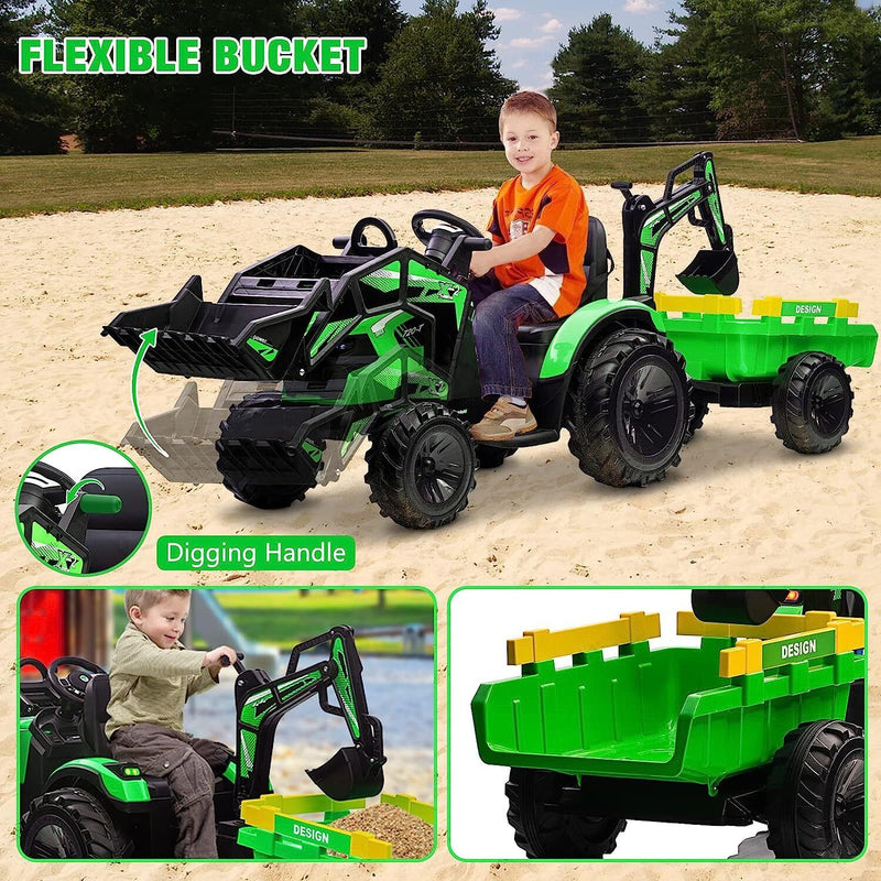 Load image into Gallery viewer, 24V Battery-Powered Tractor with Trailer Loader &amp; Digger Remote-Control Ride-on Vehicle
