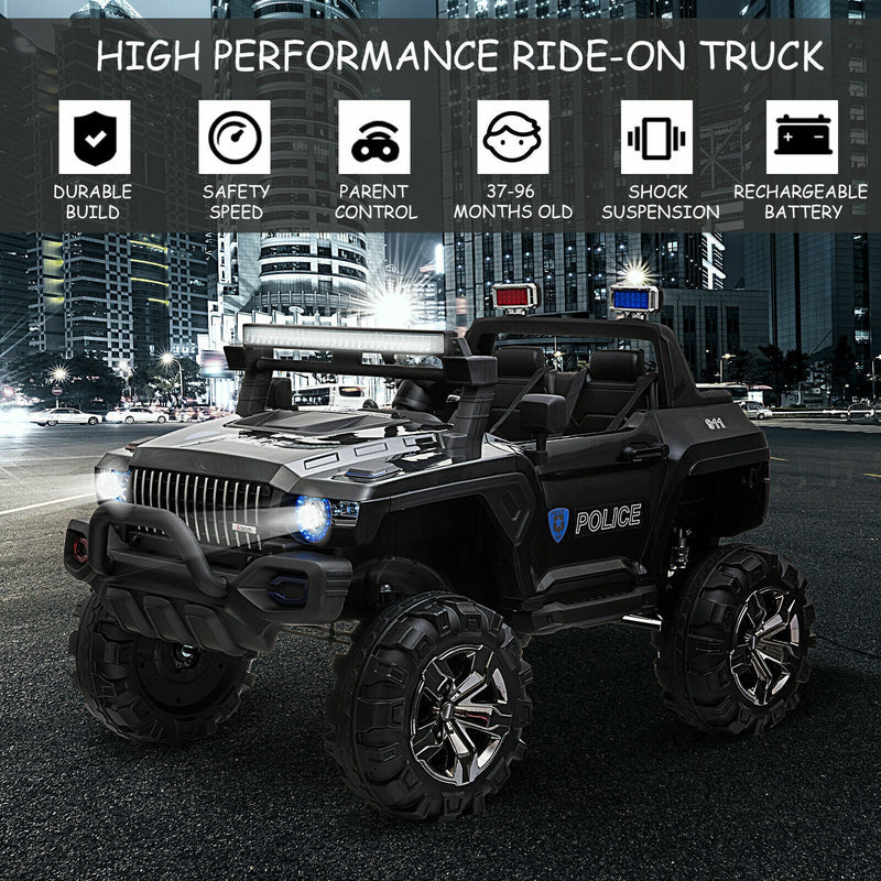 Load image into Gallery viewer, Police Truck RC Ride-On Car for Kids with Remote Control, LED Lights, and MP3 Player - Black
