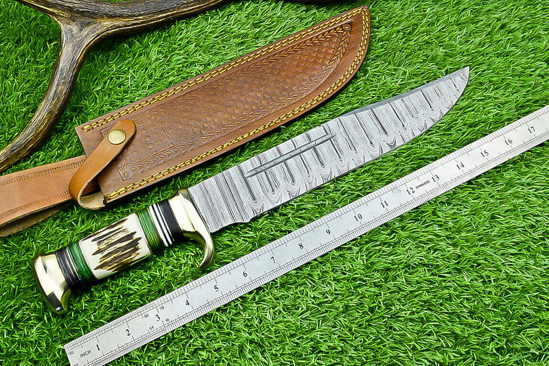 Load image into Gallery viewer, Deluxe Dundee Knife – 16" Handmade Damascus Steel Blade with Brass Guard &amp; Pakkawood or Stag Horn Handle + Leather Sheath
