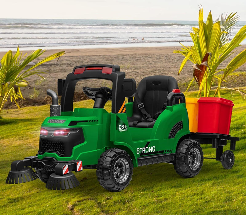 Load image into Gallery viewer, 12V Kids Ride-On Construction Sweeper Truck with Trailer and Rubbish Bin Toy Car
