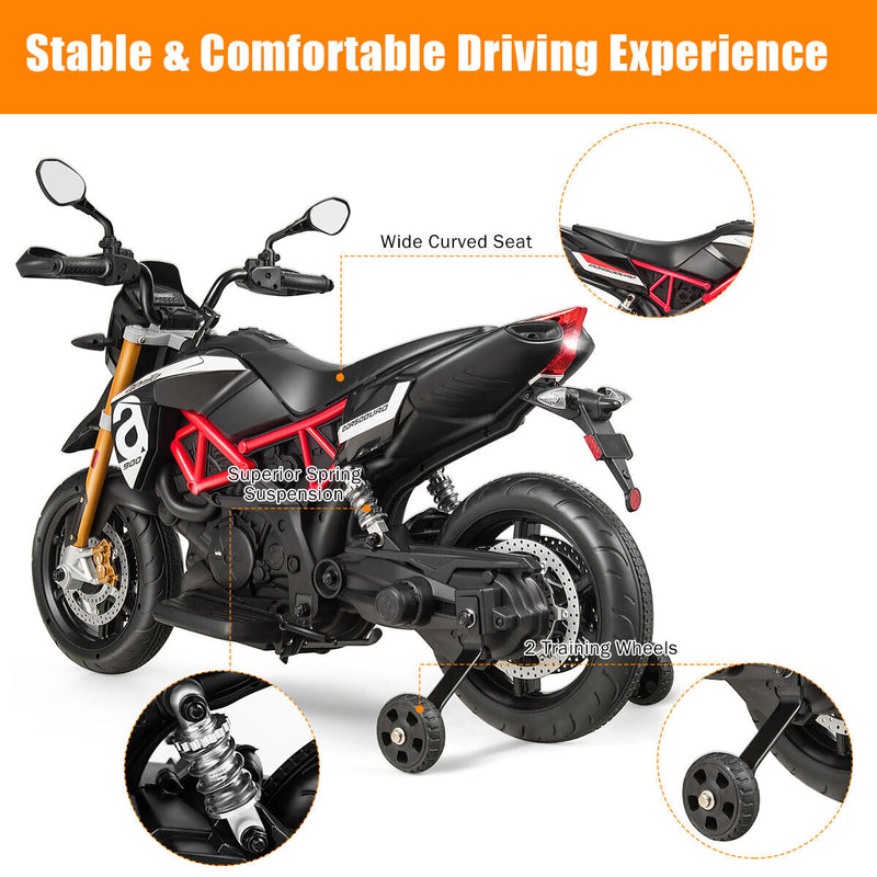 Load image into Gallery viewer, 12V Kids Ride-On Aprilia Motorcycle with Training Wheels - Black
