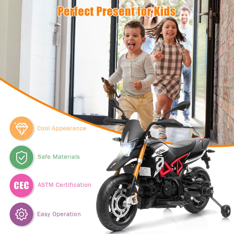 Load image into Gallery viewer, 12V Kids Ride-On Aprilia Motorcycle with Training Wheels - Black
