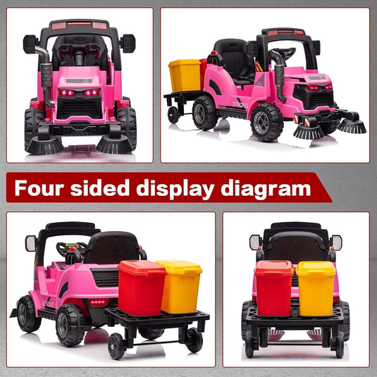 12V Kids Ride-On Construction Sweeper Truck with Trailer and Rubbish Bin Toy Car