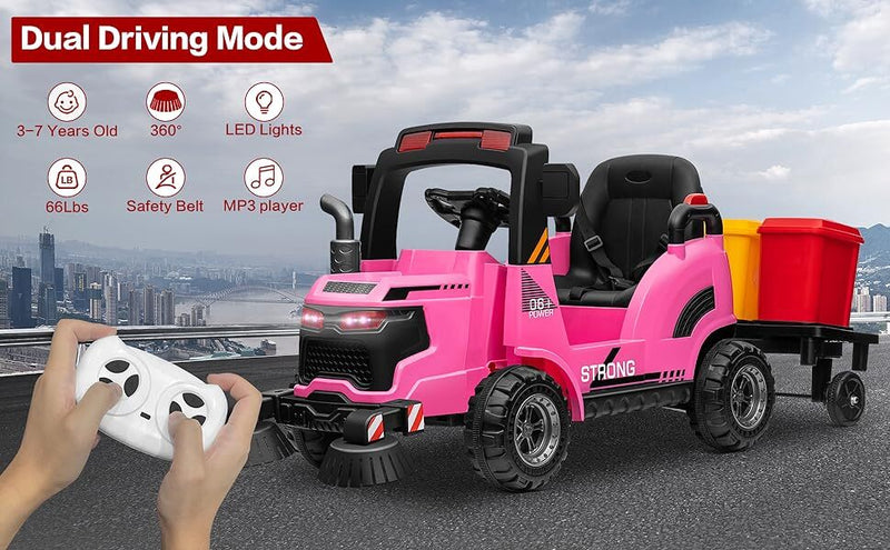 Load image into Gallery viewer, 12V Kids Ride-On Construction Sweeper Truck with Trailer and Rubbish Bin Toy Car
