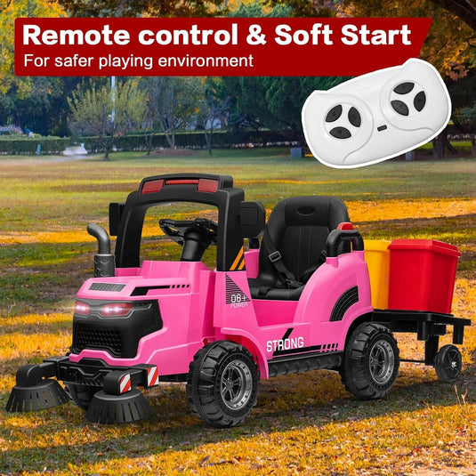 12V Kids Ride-On Construction Sweeper Truck with Trailer and Rubbish Bin Toy Car