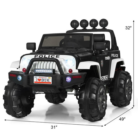 12 Volt Electric Kids Ride-On Police Truck Car with MP3 Player, Bluetooth Connectivity, and Remote Control - Black