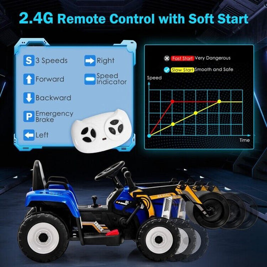 12V Electric Tractor for Kids with Remote Control, Music, and LED Lights - Blue