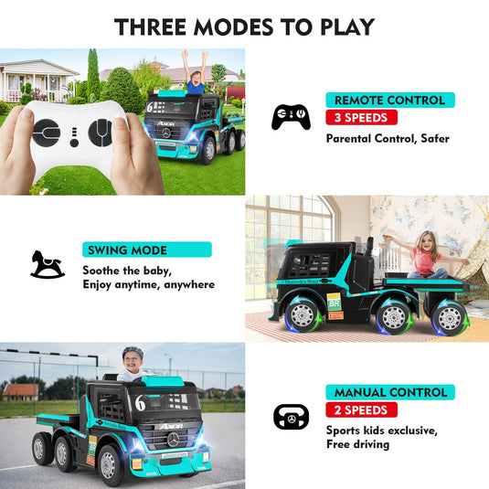 12V10AH Battery Powered Ride-On Truck with Swing Trailer and MP3 Player - 6 Wheels RC Toy for Kids