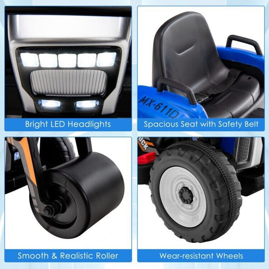 12V Electric Tractor for Kids with Remote Control, Music, and LED Lights - Blue