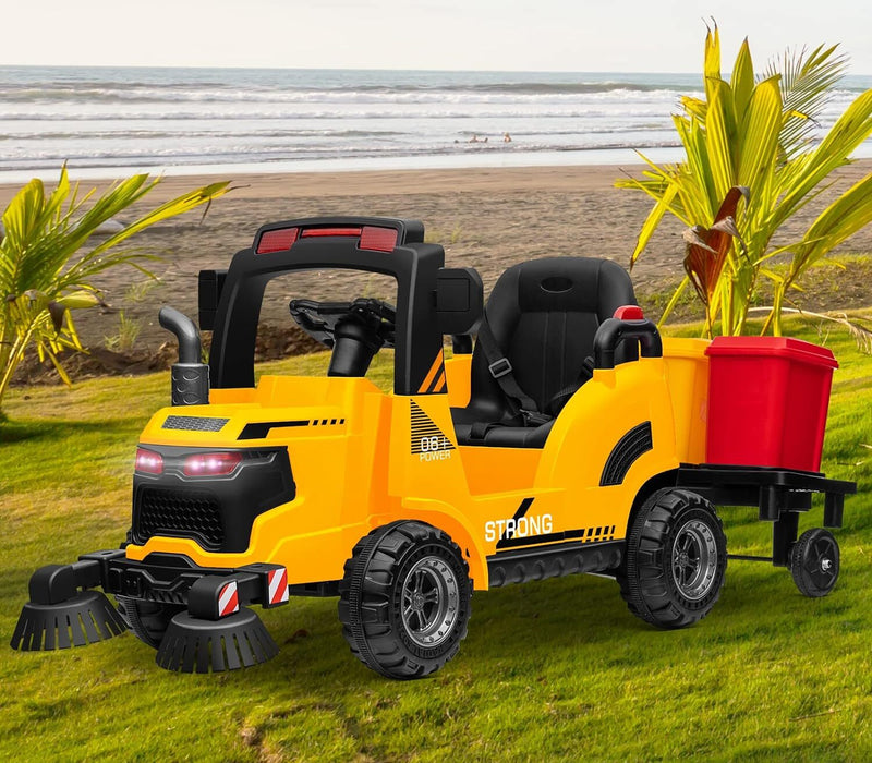 Load image into Gallery viewer, 12V Kids Ride-On Construction Sweeper Truck with Trailer and Rubbish Bin Toy Car
