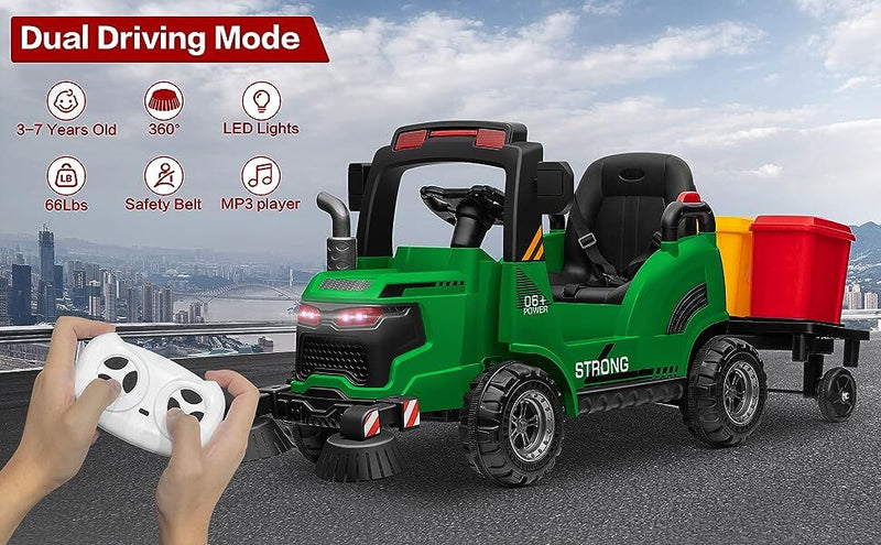 Load image into Gallery viewer, 12V Kids Ride-On Construction Sweeper Truck with Trailer and Rubbish Bin Toy Car
