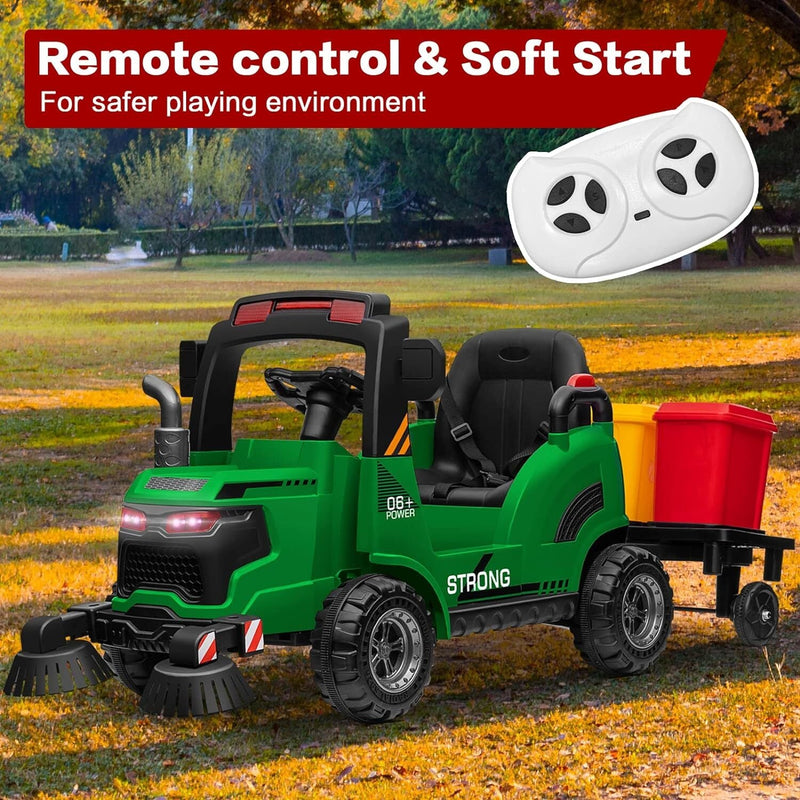Load image into Gallery viewer, 12V Kids Ride-On Construction Sweeper Truck with Trailer and Rubbish Bin Toy Car
