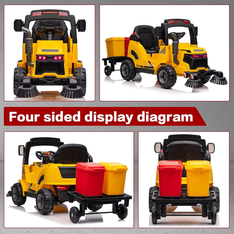 Load image into Gallery viewer, 12V Kids Ride-On Construction Sweeper Truck with Trailer and Rubbish Bin Toy Car
