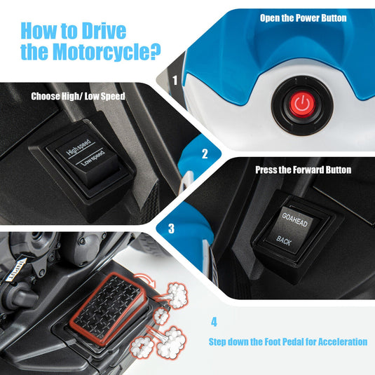 Electric Ride-On Motorcycle for Kids with LED Headlights and Non-Slip Wheels - White