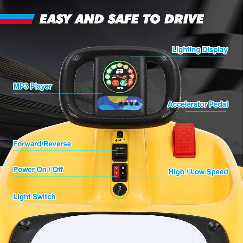 Load image into Gallery viewer, Yellow 12V Battery-Powered Kids Electric Ride-On Go-Kart with 3 Speeds, Music, and Remote Control
